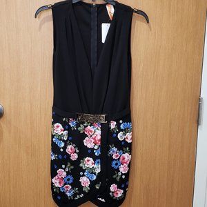 Kafe, NWT sleeveless one piece skort mini dress romper black floral,  SZ large